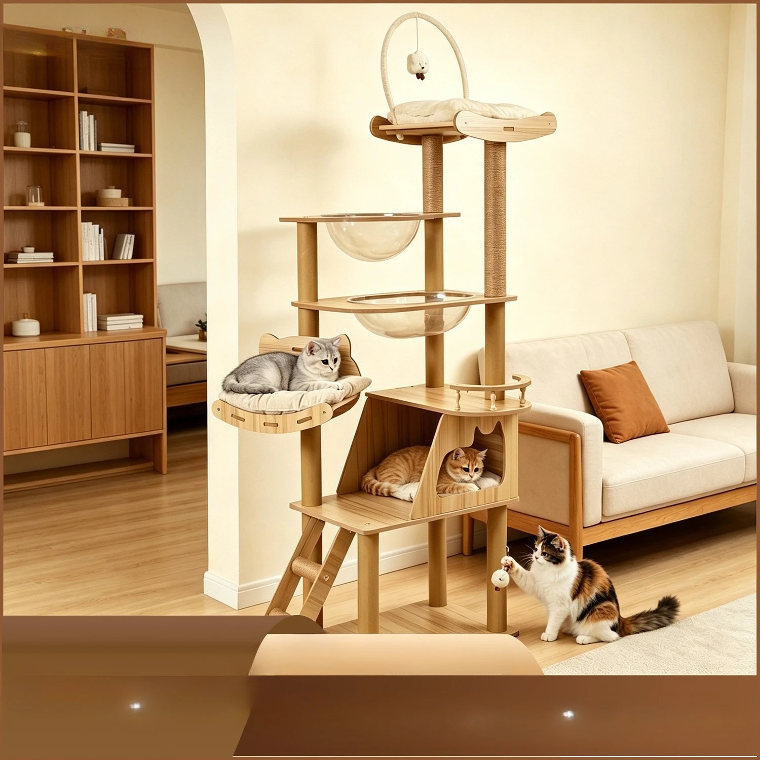 Tall Wooden Cat Tree Tower with Cat Condo & Plush Top Perch for Indoor Cats