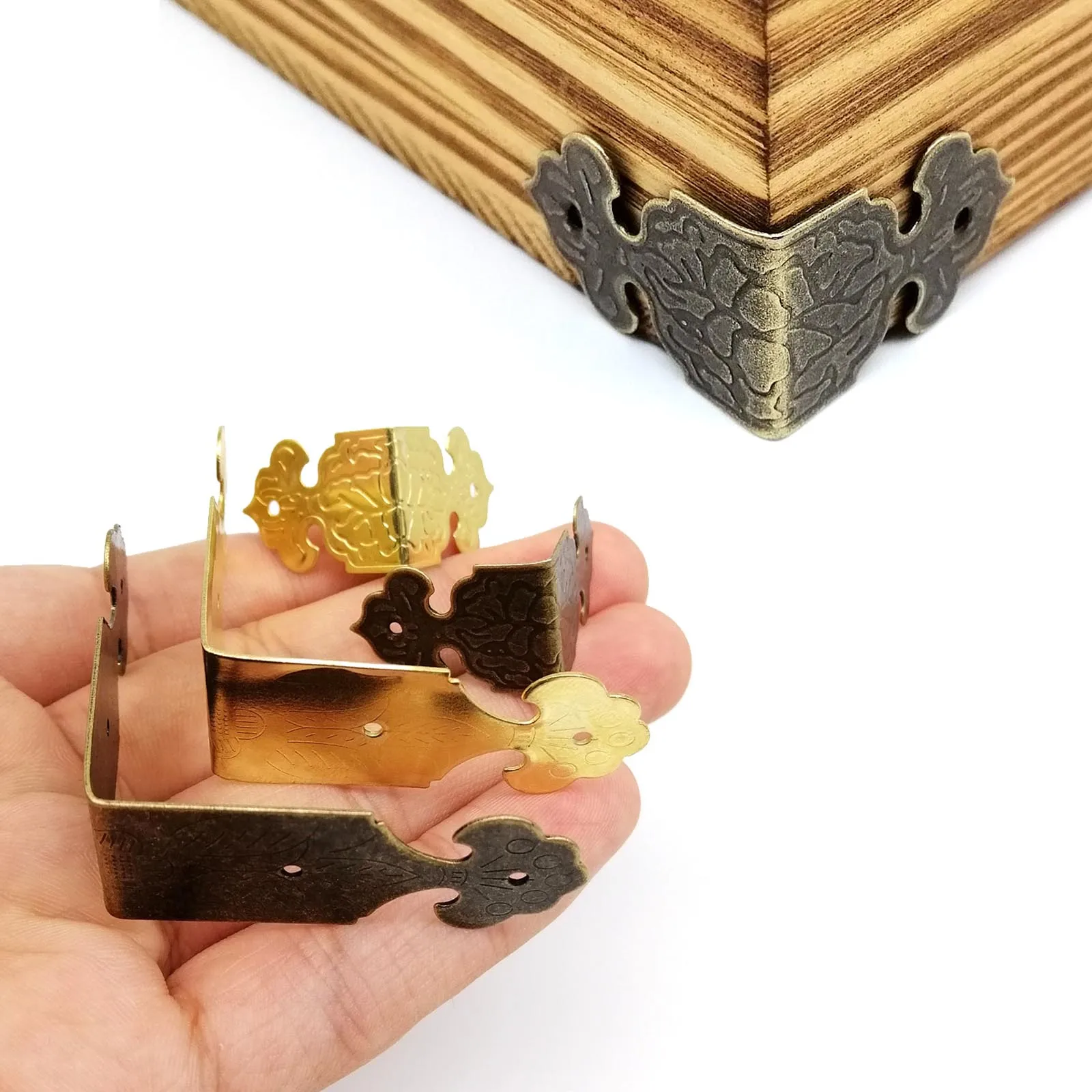 12 Uds decoración DIY Protector de esquina de Metal cubierta de borde para joyería cofre caja de regalo de vino caja de madera mesa escritorio bronce dorado con uña