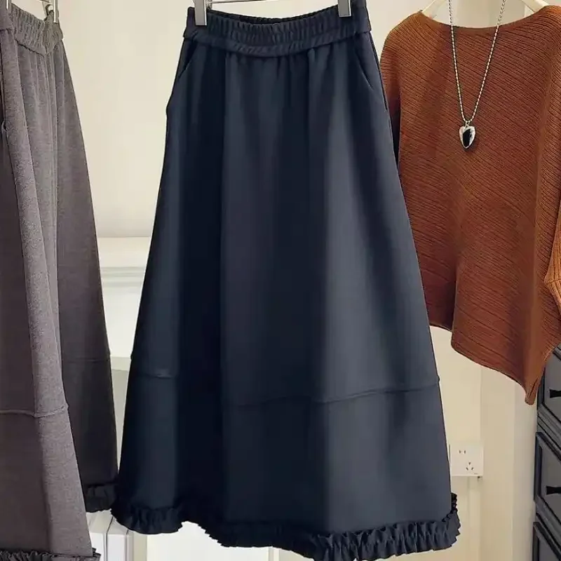 تنورة صوفية بلون واحد تناسب الجميع للنساء لخريف وشتاء جديد عالي الخصر فضفاض مناسب للتخسيس على شكل حرف a تنورة متأرجحة كبيرة #4