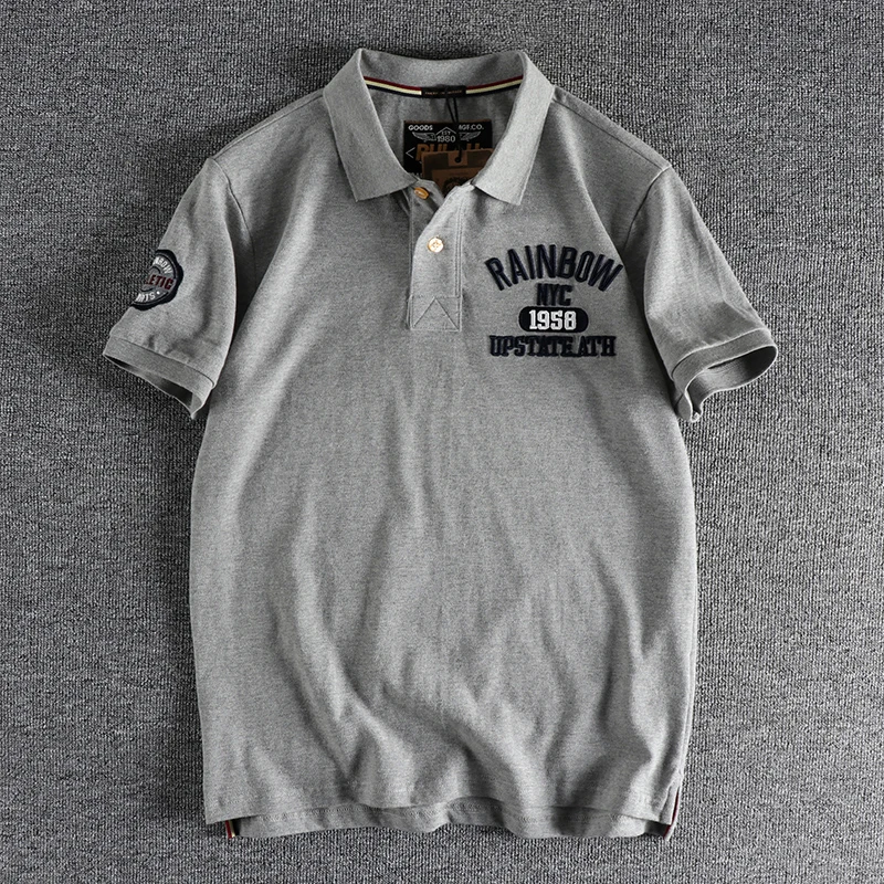 Polo Retro americano de manga corta para hombre, camisa con solapa y bordado de letras, Simple, 100% algodón, informal de negocios, Verano