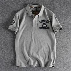 Summer American Retro Short-sleeved Lapel Letter Embroidery Polo Shirts Men's Simple 100% Cotton Washed Business Casual T-shirt