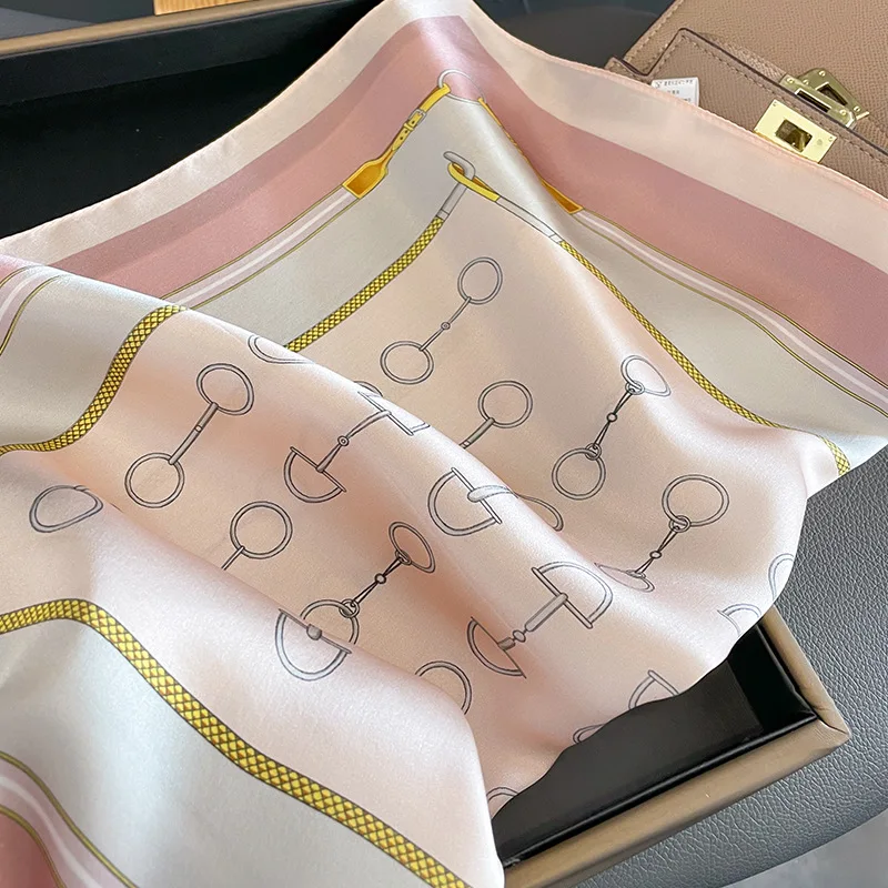 2024 Luxury Silk Skinny Scarf Bag Handle Ribbon Ladies Pink Print Headband Small Hair Scarves Band Female Handkerchief