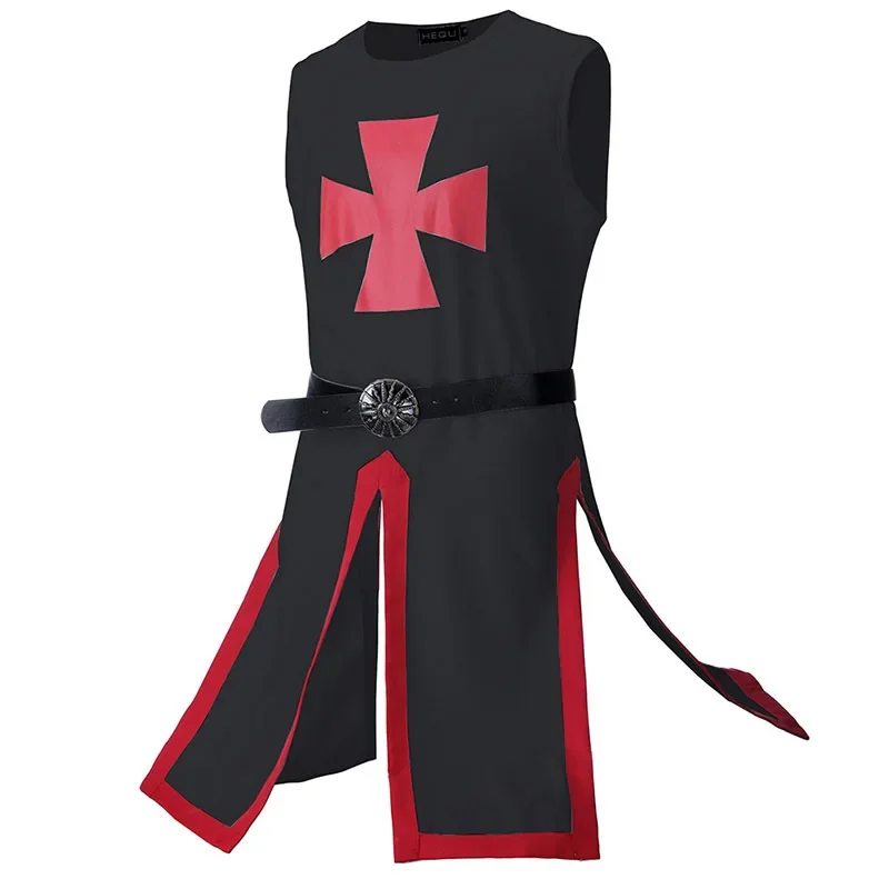 Halloween mittelalter lichen Ritter Templer Kostüm Cosplay Männer Weste Tunika Shirt Warriror Cavalier Crusader Tops schwarz Gürtel Sets