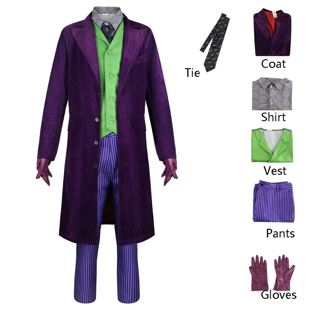 Heath Ledger Clown Cosplay Costume Dark Knight Clown Thick Purple Uniform Coat Shirt Full Set Adult Halloween Carnival Party