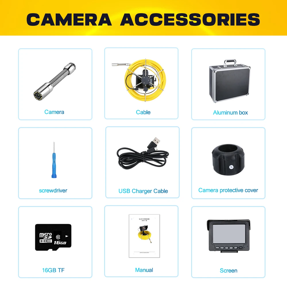 Sewer Pipeline Endoscope 4.3 Inch Monitor DVR IP68 20M Cable Night Vision 17MM 1000TVL 16GB TF Card OEM Sewer Pipe Inspection