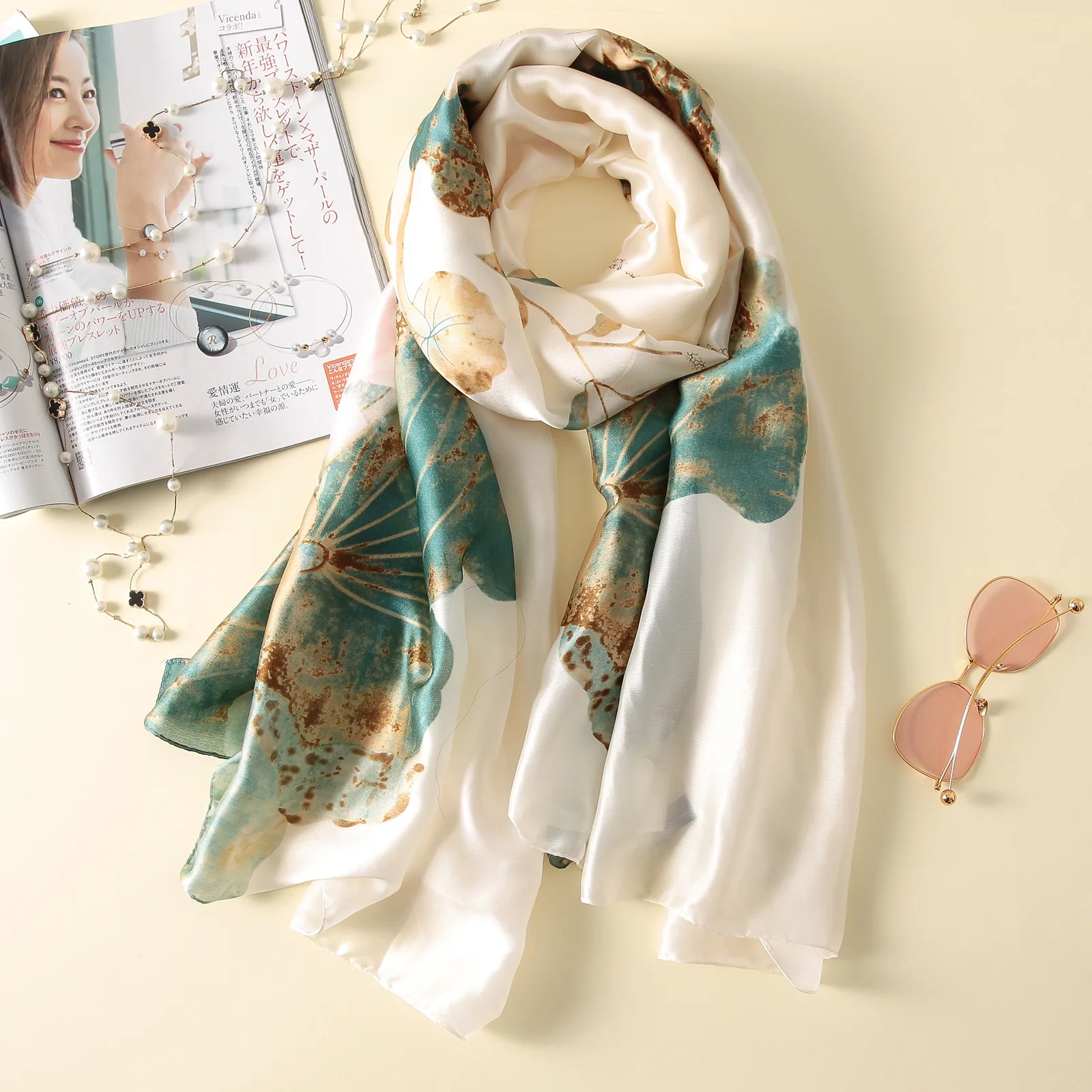 New floral simple and elegant high-end imitation silk scarf for women's decorative shawl sun protection beach towel