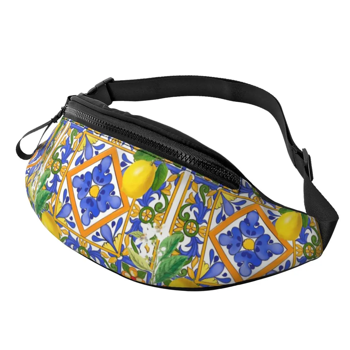 Custom Mediterranean Summer Lemons Sicilian Tiles Fanny Pack for Women Men Crossbody Waist Bag Travel Hiking Phone Money Pouch