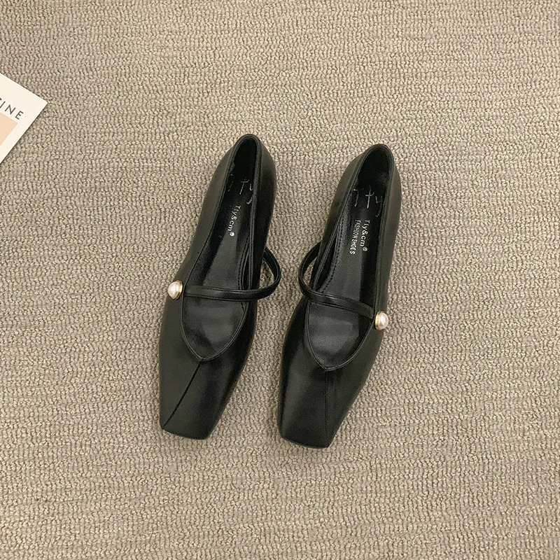 Sepatu datar wanita, Kasut pantofel Slip on ringan warna polos jari persegi simulasi elegan musim semi musim gugur