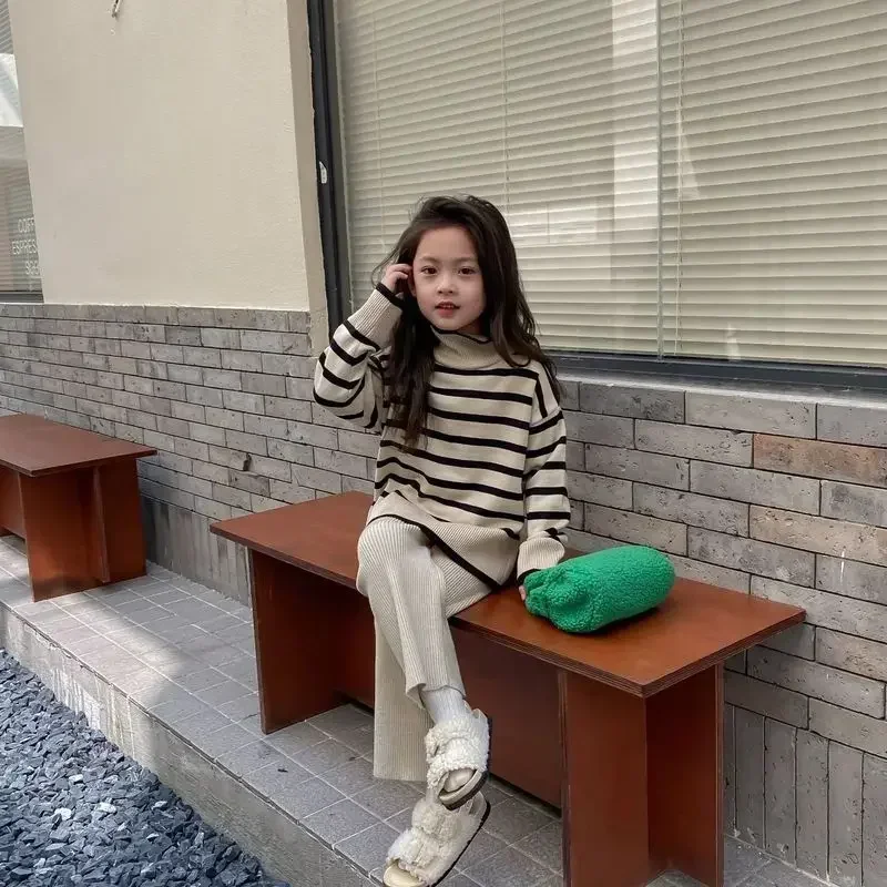 Girls Casual Simple Suit New High-necked Hoodie Autumn and Winter Children\'s Wear Korean Version Striped Wide Leg Pants