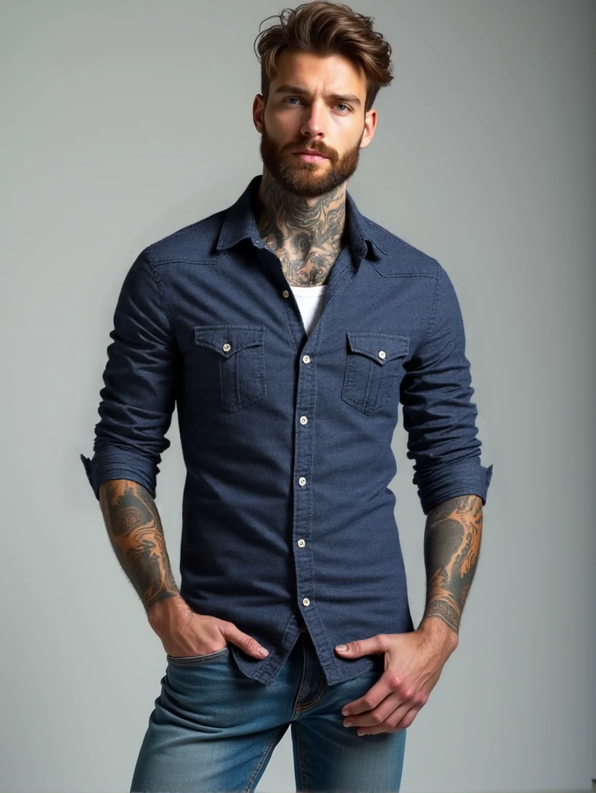 RVHS Elastic Cotton Denim Shirt Men Long Sleeve Quality Cowboy Shirts for Men Casual Slim Fit Mens Designer Clothing