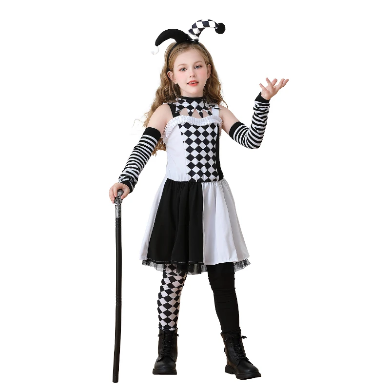 Halloween Cosplay Costume Girls Clown Hats Black White Dress Outfit Carnival Performance Clothing Festival Wear 3-8 Years