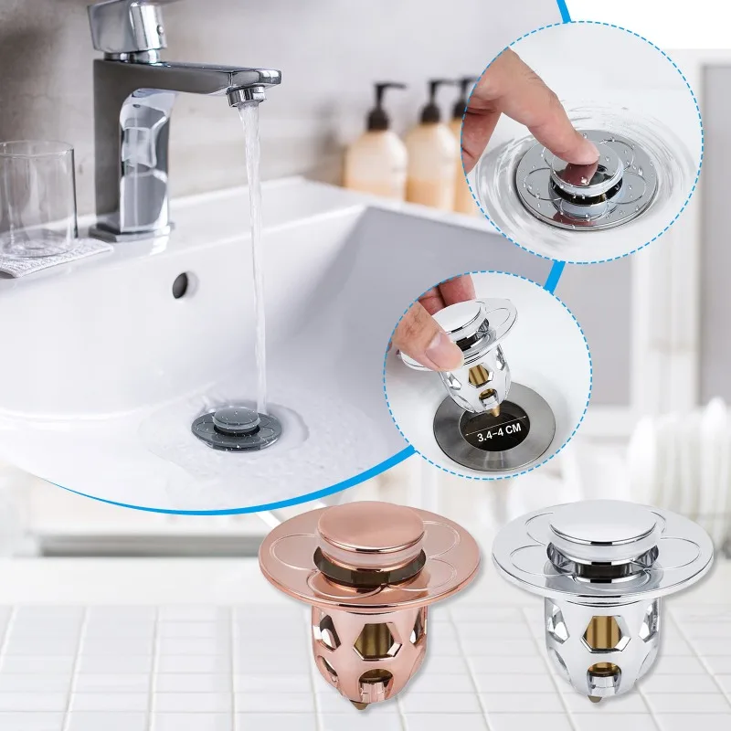 New Bathroom Sink Drain Stopper for 34-40mm Bounce Core Pop Up Sink Drain Filter Anti Clogging Basket Strainer with Hair Catcher