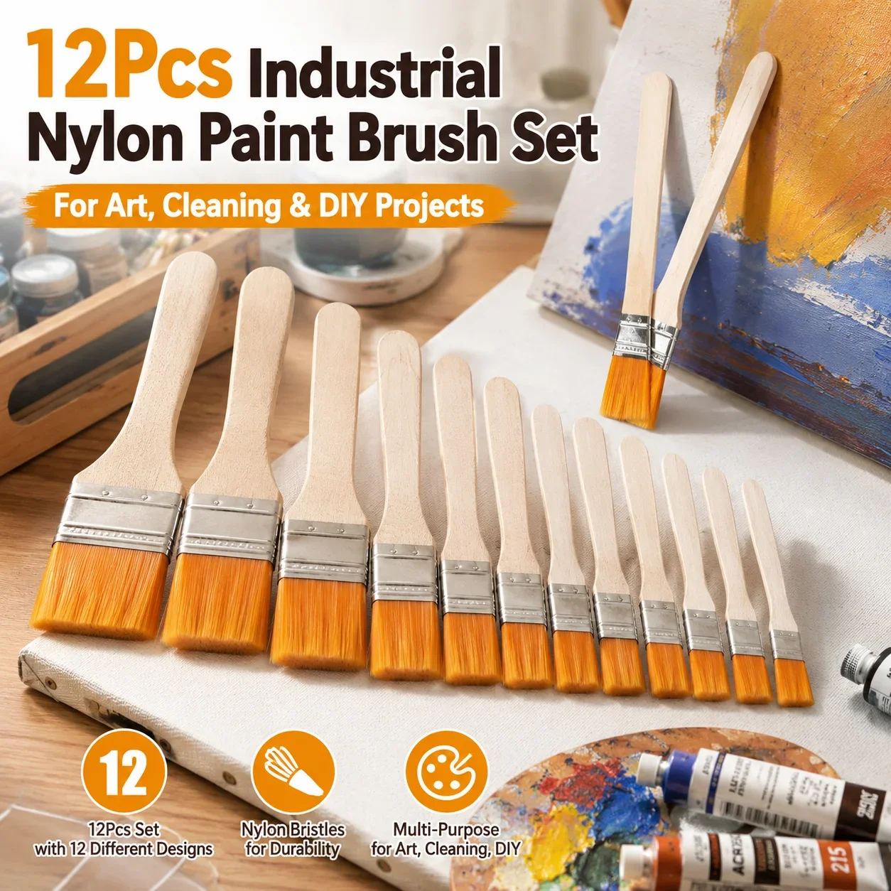 1/12PCS HighQuality Nylon Paint Brushes with Different Sizes and Wooden Handles Ideal for Acrylic, Oil and Watercolor Painting