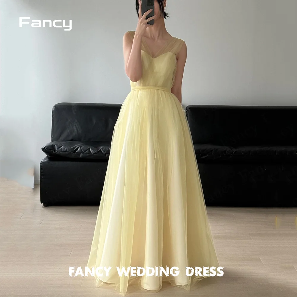 

Fancy Fairy Light Yellow Korea Wedding Dress Photo Shoot Sleeveless A Line Soft Tulle Bridal Gown 웨딩드레스 Back Corset customized