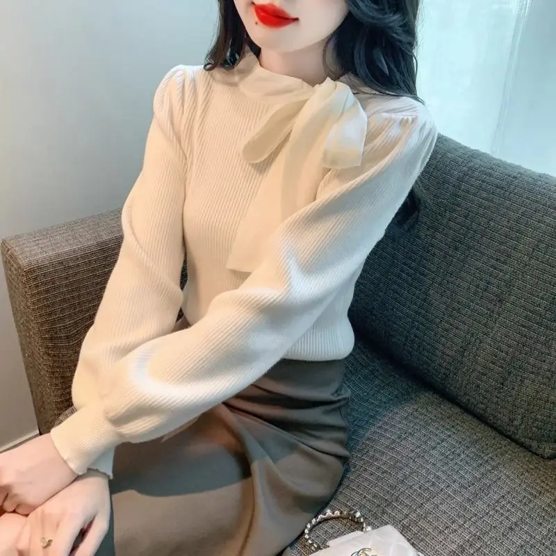 Temperament Bow Red Sweater for Women Autumn Winter New Fashion Contrast Patchwork Knitting Pullovers Top Korean Sweet Clothing