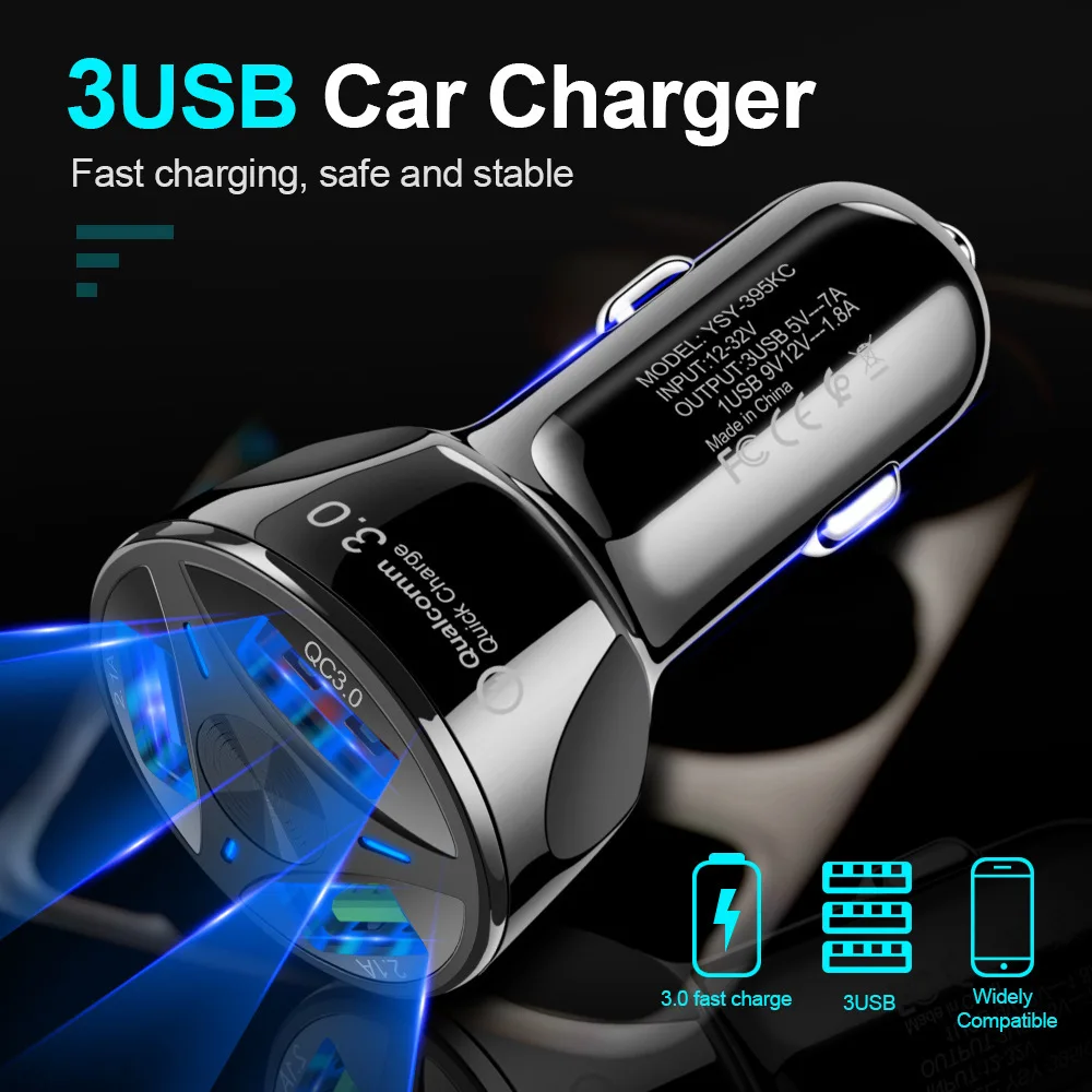 4-Port USB Car Charger QC 3.0 Fast Charging Auto Adapter with Real-Time Voltage Monitor 7A Output for 12-24V Vehicles For iPhone