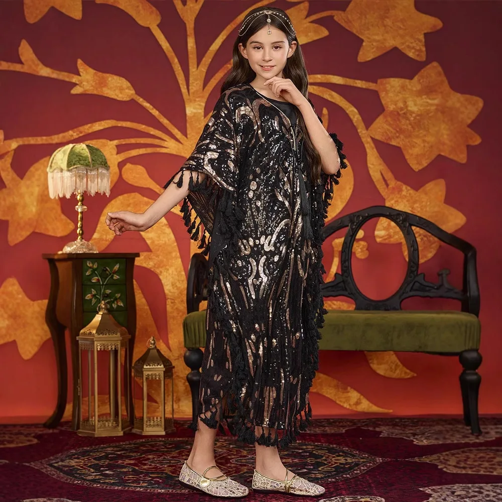 Morocco Muslim Kids Girls Tassels Sequins Inner Dress Out Abaya Robe Ramadan Eid Djellaba Islam Children Clothing Arabic Turkey