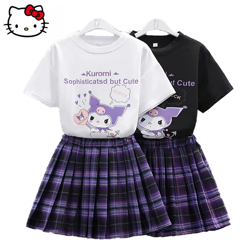 Sanrio Short Sleeves T-Shirt Skirt Anime Female Preppy Suit Kuromi Summer Clothes Jk Pleated Skirt Two Piece Set Wholesale