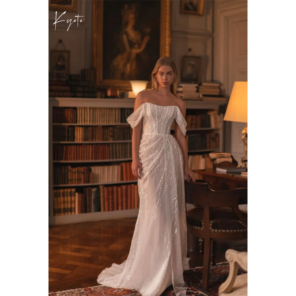 

Kyoto Customized Shiny Sequins Pleats Column Wedding Dress Waist Off The Shoulderفستان زفاف Floor-Length Robe de mariée