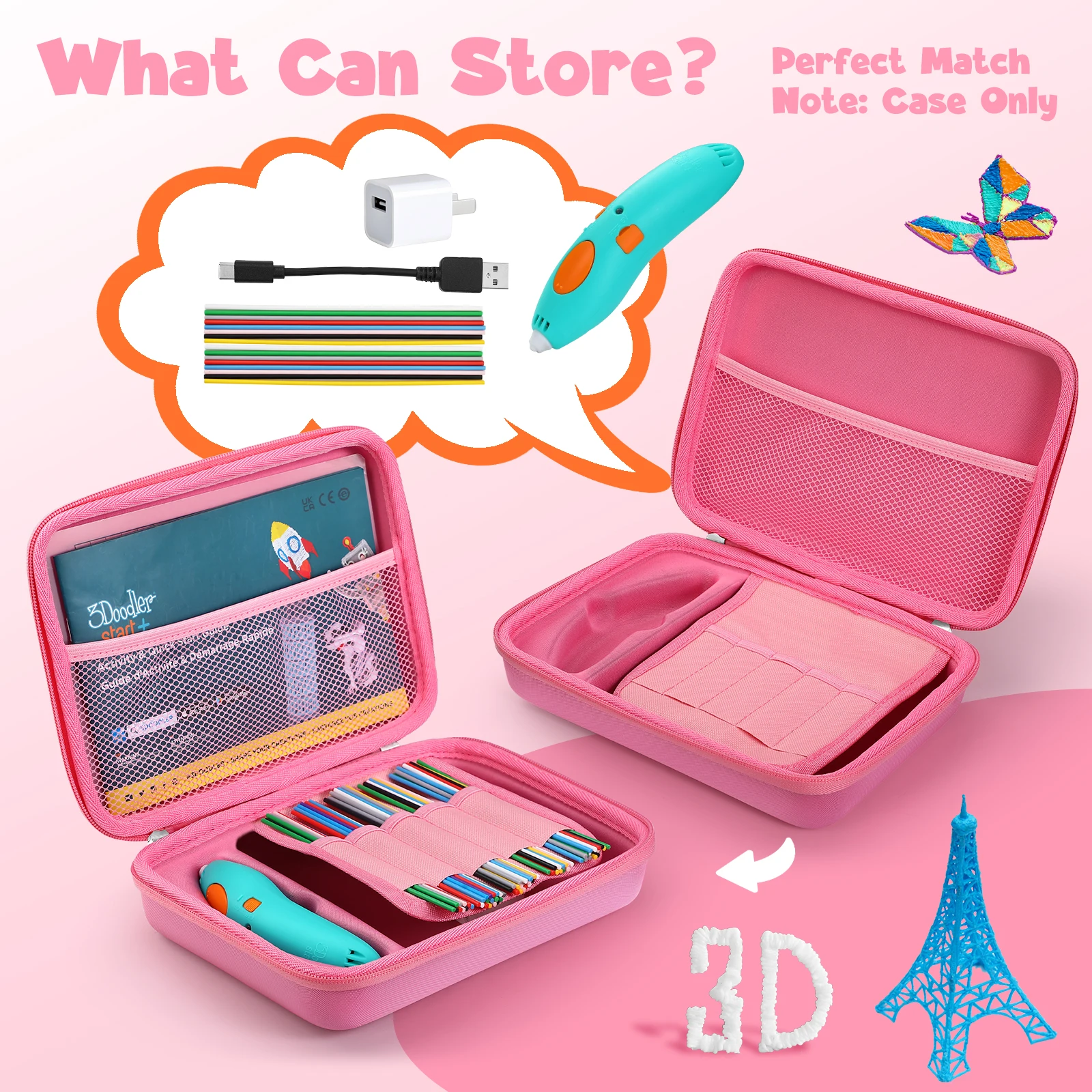 3D Pen Hard Case for 3Doodler Start+ Essentials 3D Pen Set with Mesh Pocket Hard EVA Organizer Case for Travel/Home/Outdoor ﻿