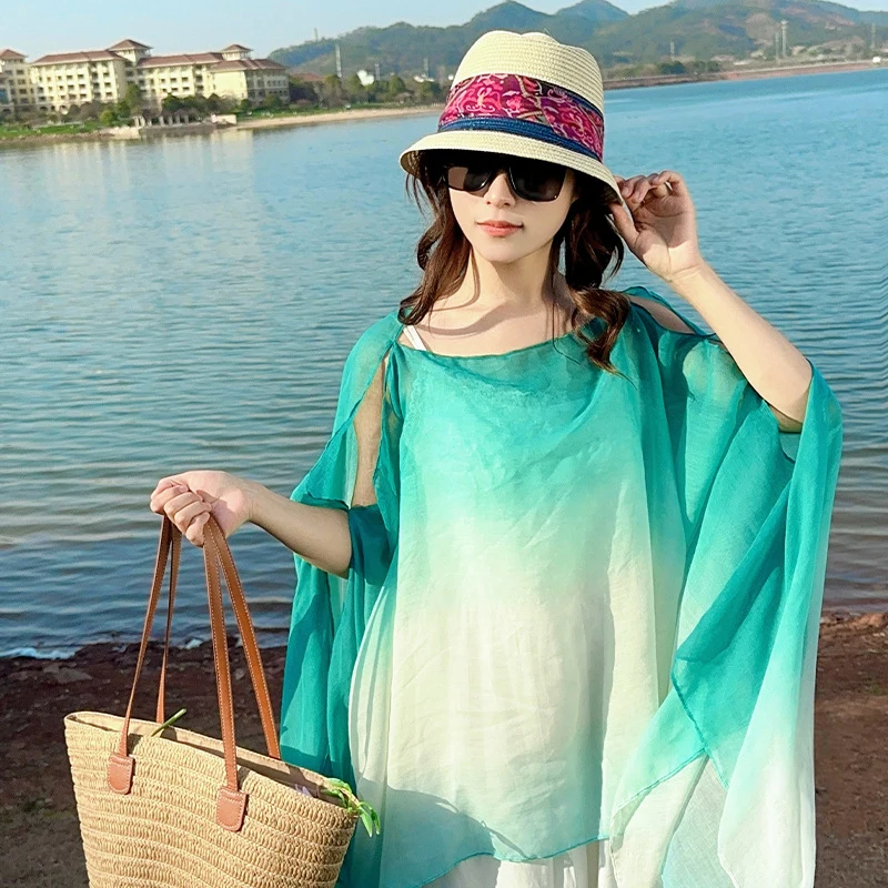 Women Summer Travel Ethnic Style Shawl Spring Thin Gradient Color Travel Sunscreen Beach Towel Split Shawl Cape Photo Props Tops
