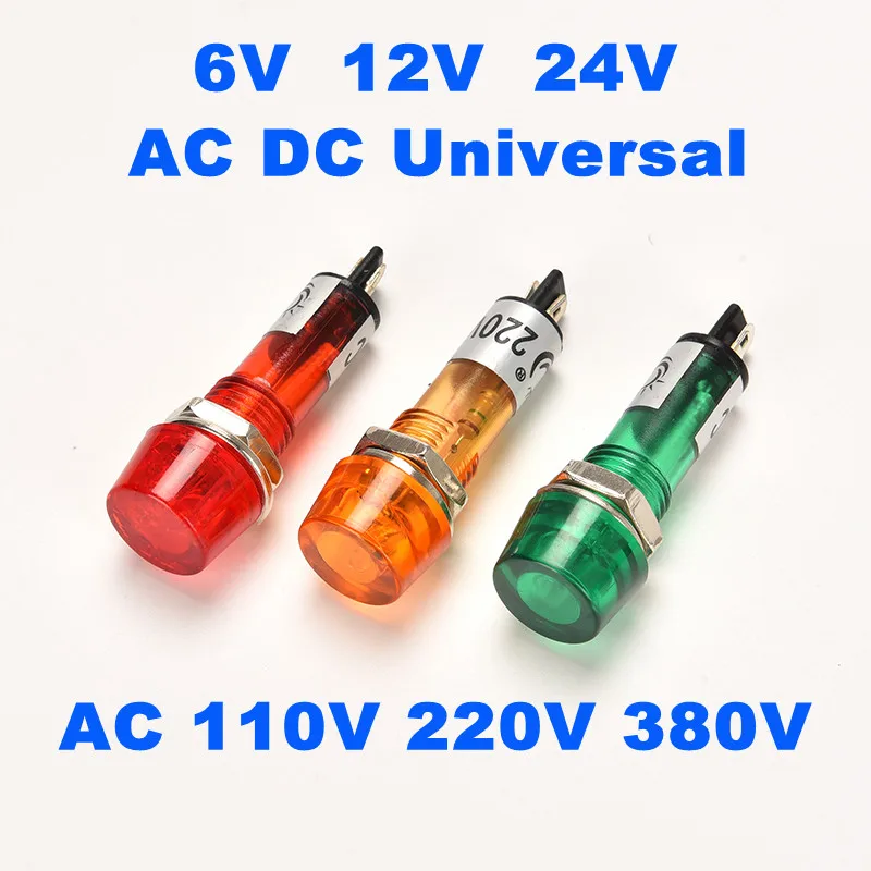 10 มม.วงกลมไฟแสดงสถานะ AC DC6V 12V 24V 110V 220V 380V แหล่งจ่ายไฟขนาดเล็กพลาสติกสัญญาณโคมไฟสีแดงสีเขียวสีเหลืองหลอดไฟนีออน