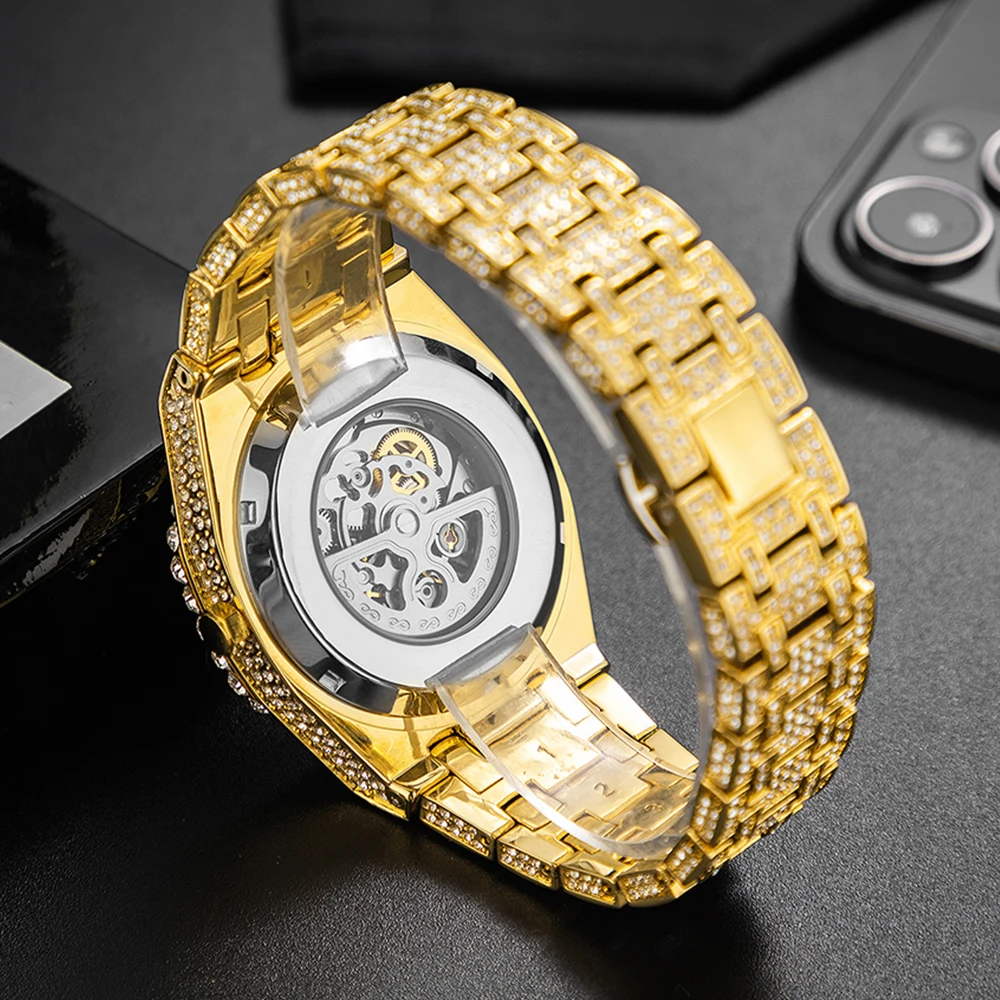 Gold Mechanical Watch For Men Luxury Diamond BlingBling Male Automatic Watches Hip Hop Stylish Big Wristwatches Gift For Man
