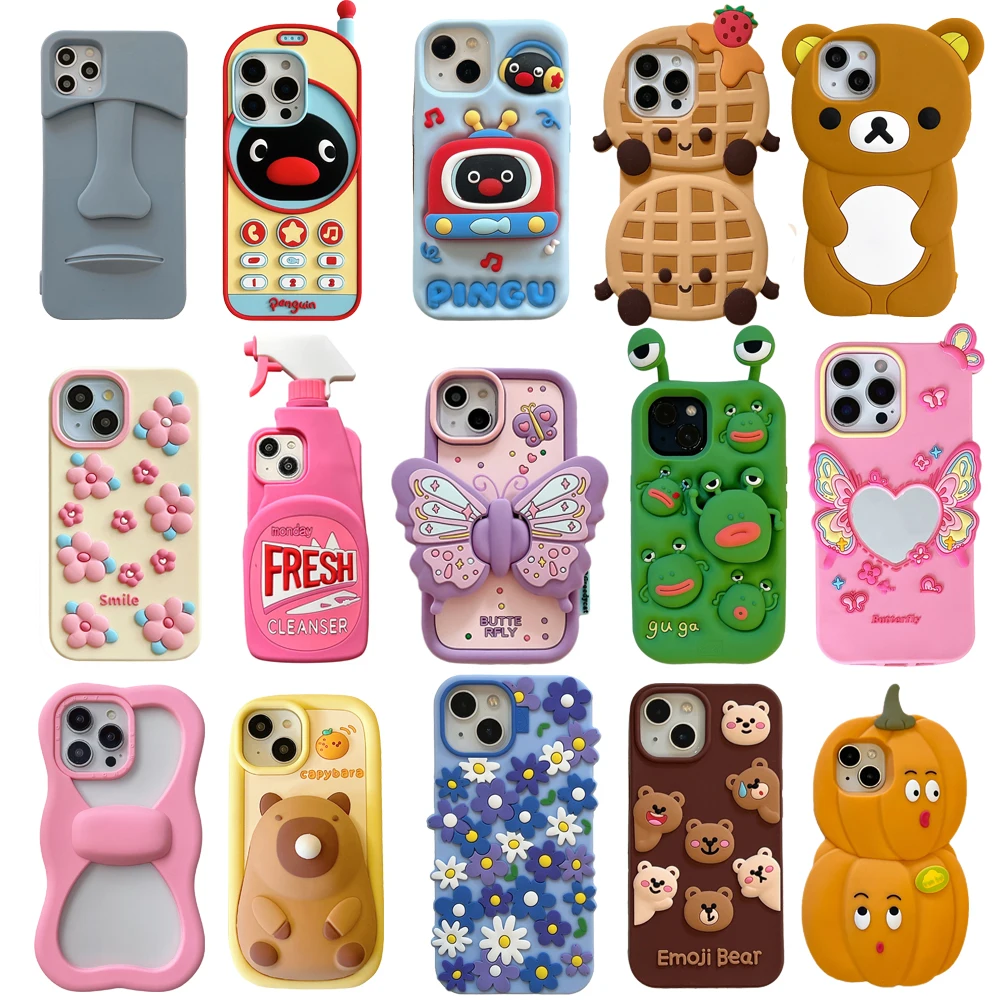

For iPhone 15, 15Pro, 15promax,3D soft silicone case, shockproof Cover, skin shell, cute cartoon animal, bear, Capybara, Flower