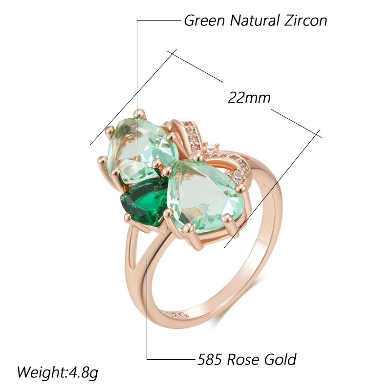 Kinel Unique Green Stone Big Ring for Women Fashion Rhombus Natural Zircon Accessories 585 Rose Gold Color Vintage Daily Jewelry