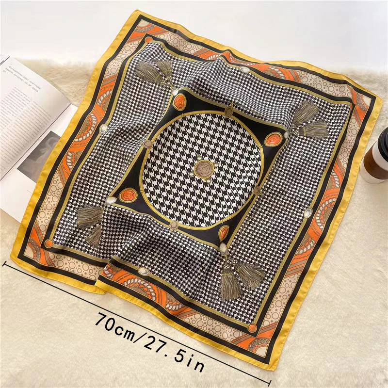 1pcs 70cm Tassel Houndstooth Silk Scarf for Women Imitation Silk Light Luxury Versatile Headwear Clothing Square Scarf