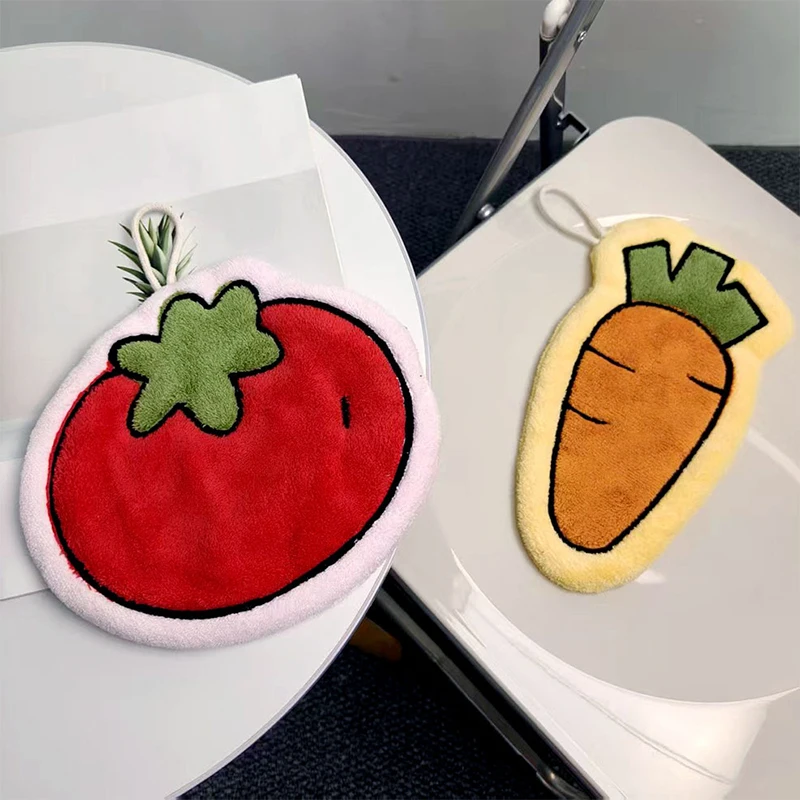 C 1pc Carrot Tomato Design Quick-Dry Absorbent Kitchen Bathroom Hands Towel Wall Hanging Rag Vegetables Coral Fleece Hand Towels