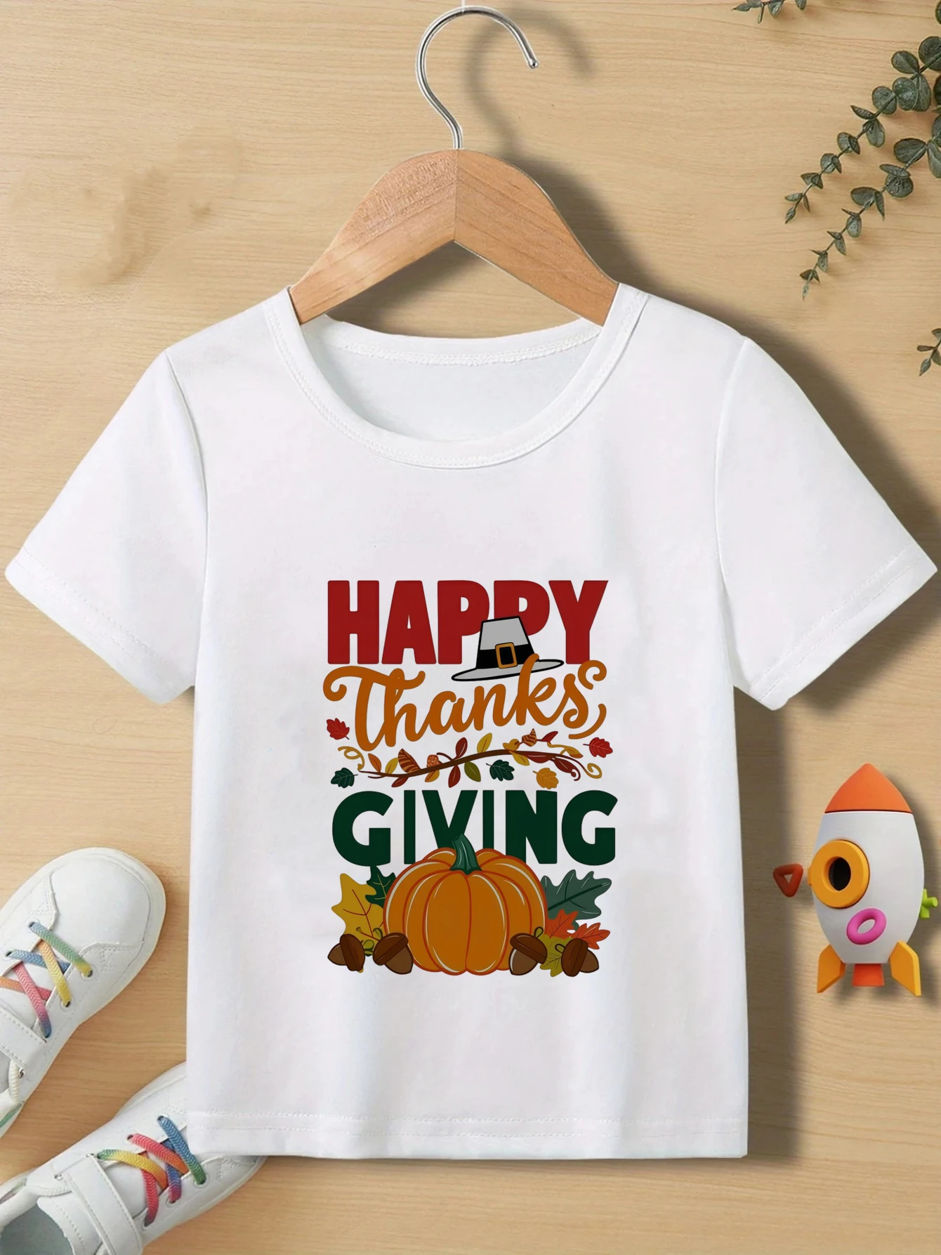 Happy Thanksgiving T-shirt for Children, Pumpkin Autumn Leaf Pilgrimage Hat Pattern Short Sleeve T-shirt for Boys and Girls Tops
