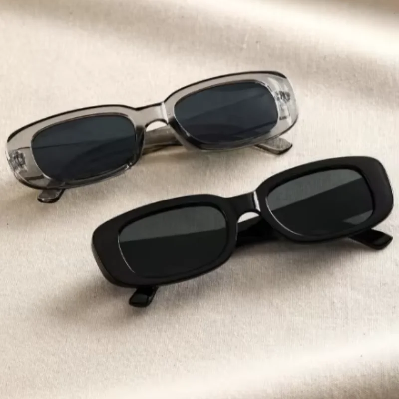 2pcs Rectangle Frame Sunglasses For Women Men Candy Color Y2K Fashion Sun Glasses Vintage Outdoor Small Eyewear black grey