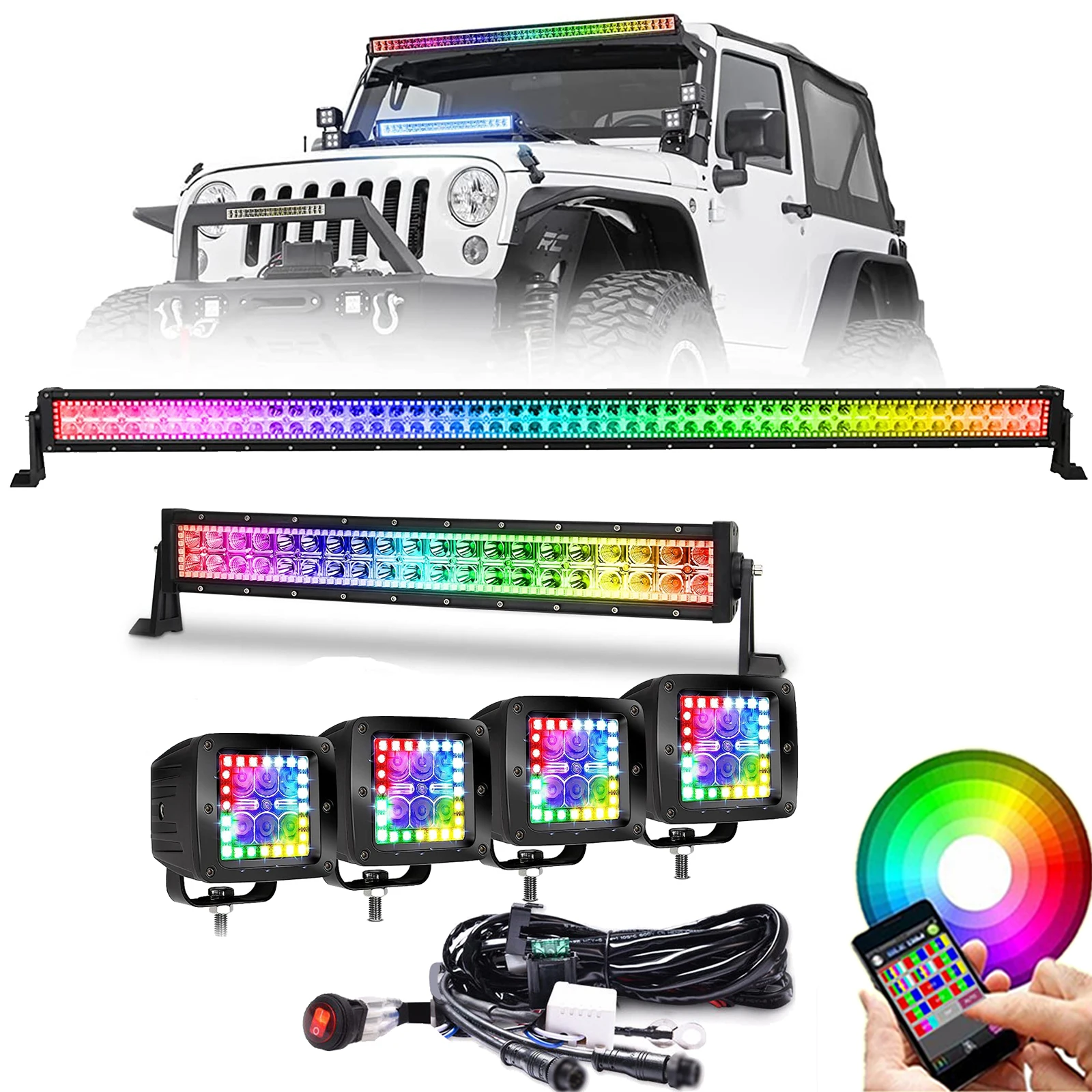 

50 inch Roof LED Light Bar +22" +4x 3" Pods Lights all with RGB Chasing Halo 12V & free Bluetooth Harness Kit For Jeep Ford ATV