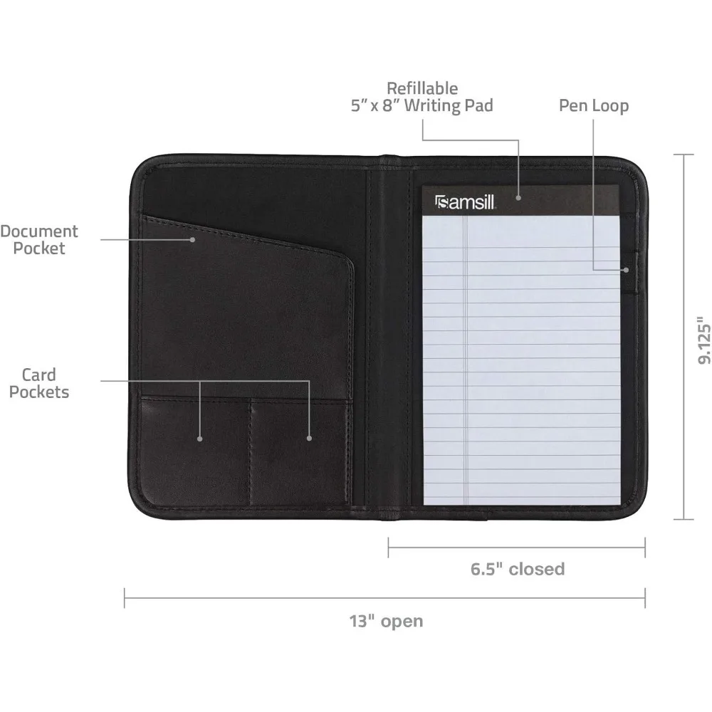 Professional Padfolio, Faux-Leather Mini Portfolio, with 5 x 8 Writing Pad, Black