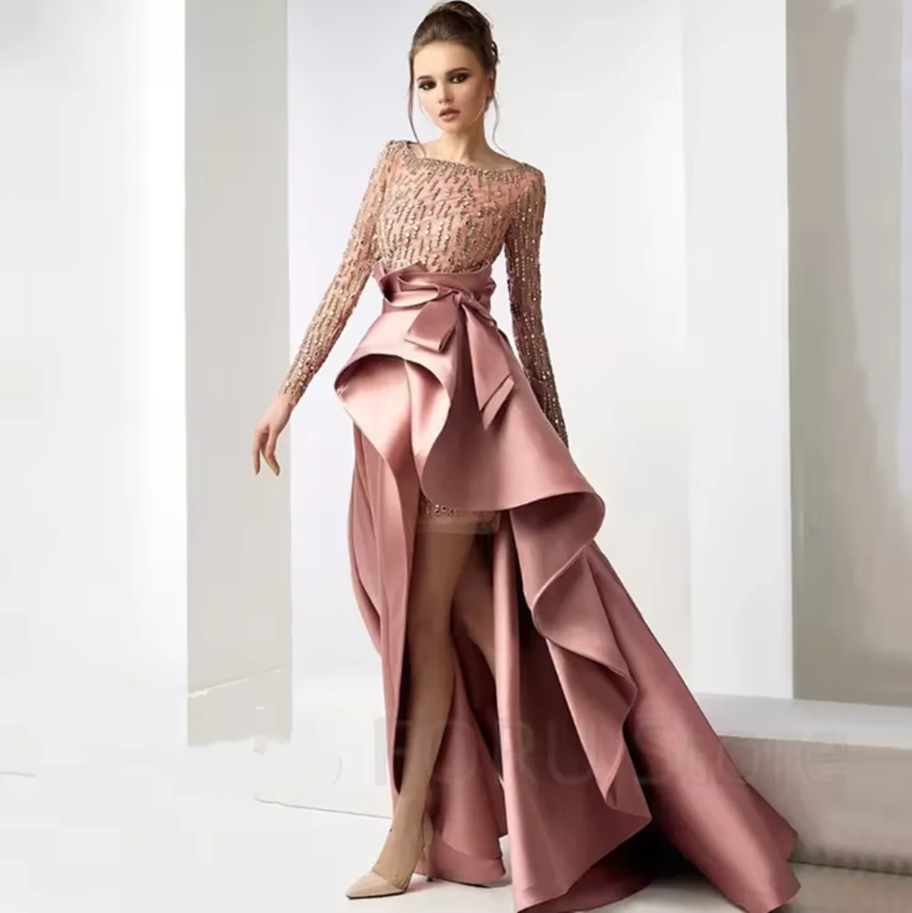 Irregular High/Low Evening Dress Scoop Neck Long Sleeves Tulle and Satin Women Floor Length Gowns for Party and Prom Custom Made