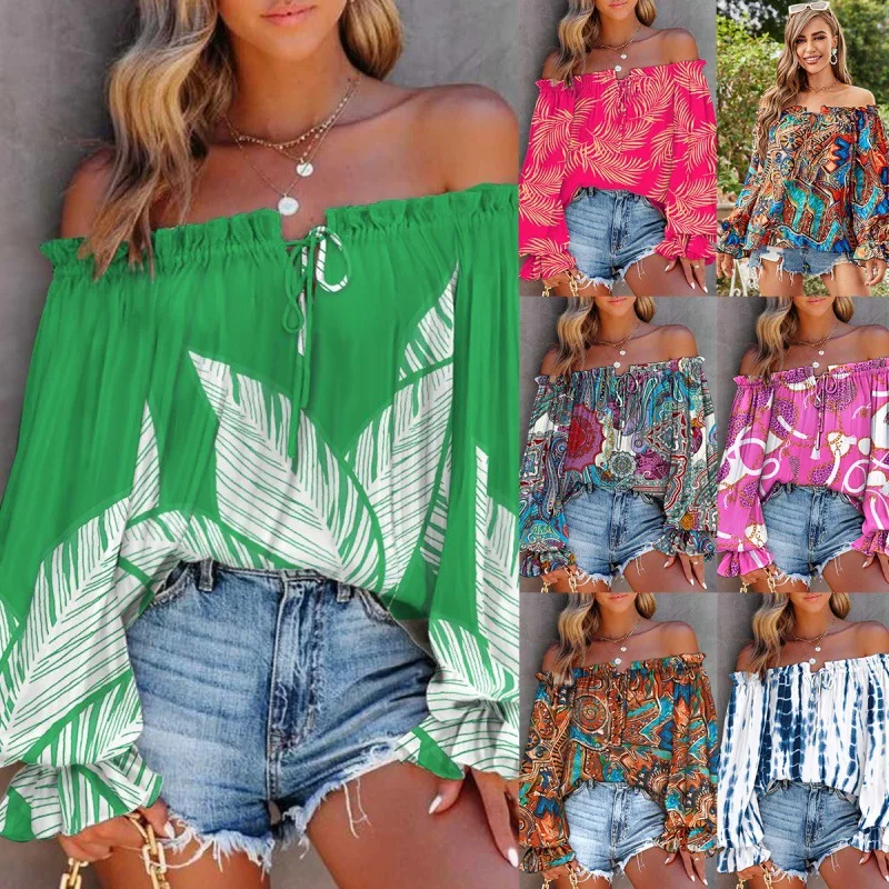 Blouse women 2026 casual summer new sexy one-shoulder off-the-shoulder long-sleeved printed shirt women's clothing