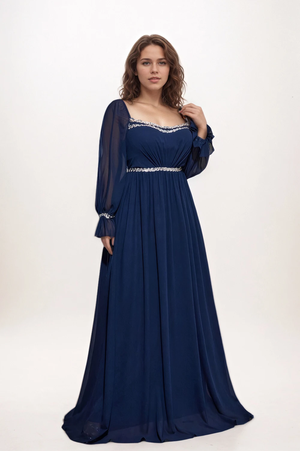 

Plus Size Dress for Women Square Collar Chiffon Puff Sleeve See Through Sequined Elegant Wedding Guest Evening Long Dress