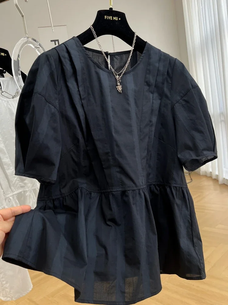 

Women's Puff Sleeve Cotton Pleated Shirts Summer Fashion Design Small Top Thin Retro Casual Round Neck Blouses Tops Korean