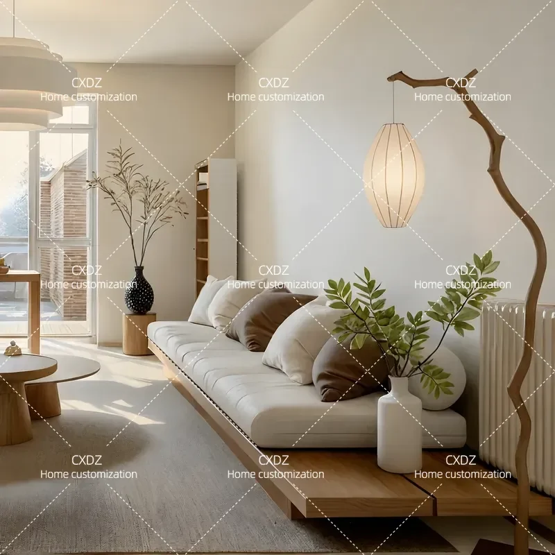 Modern Minimalist Solid Wood Sofa 3 Seater Straight Row Couch Simple Living Room Furniture Natural Wood Grain Design