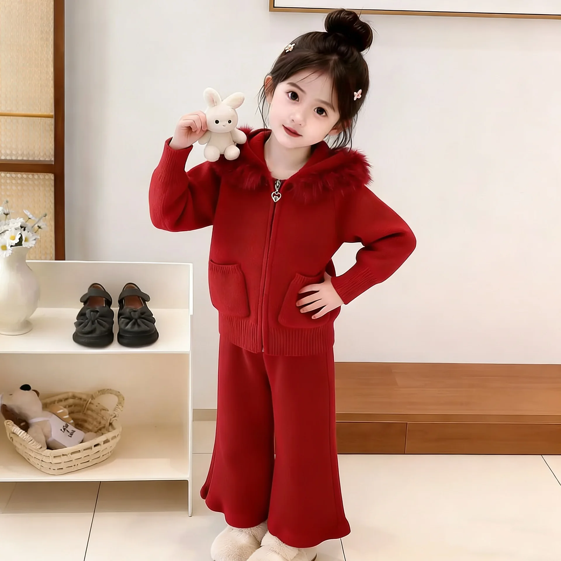 

Little kids knitted casual suit, hoodie jacket + flared trousers, 2-piece set, hooded knitted cardigan set