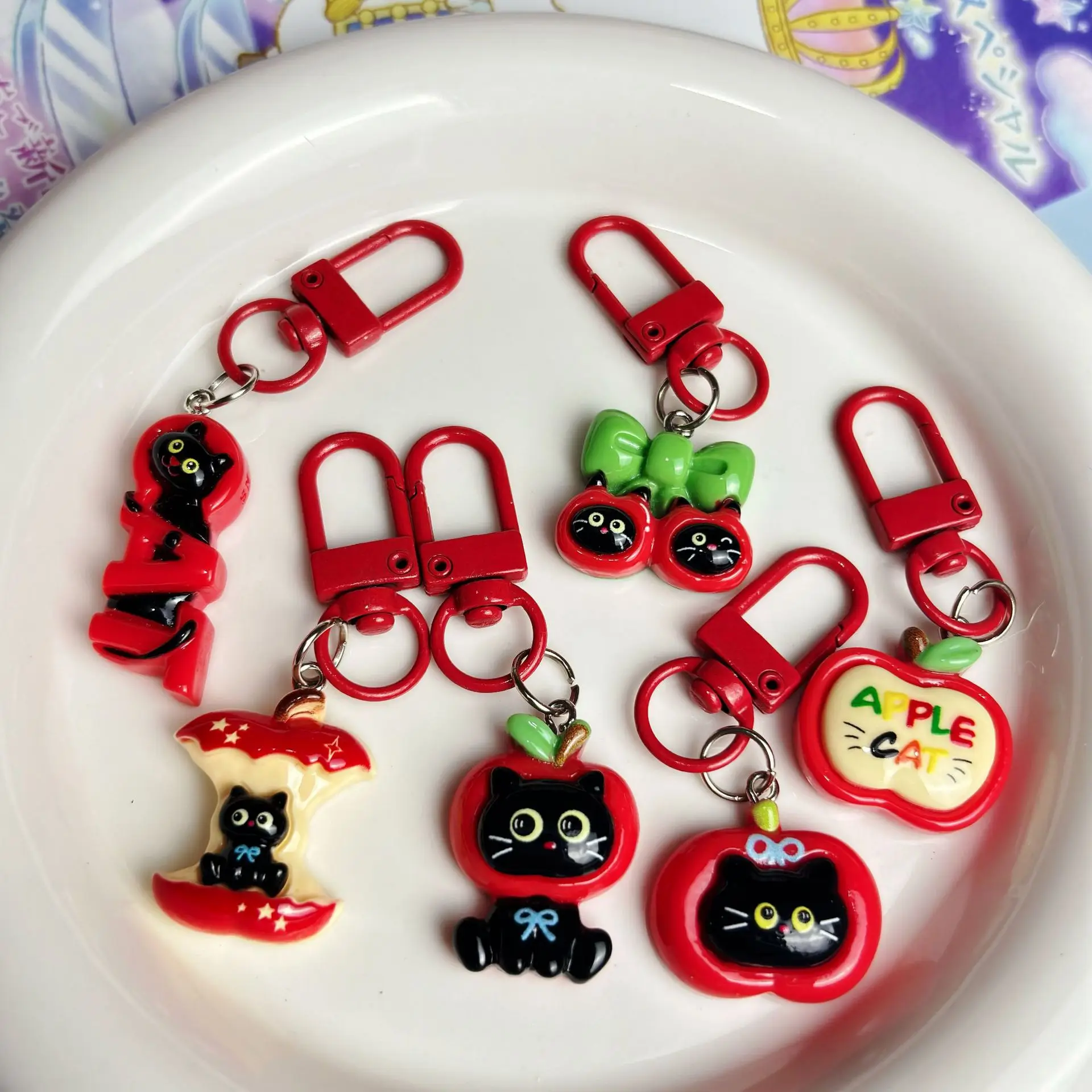 6PCS Cute cartoon Little Apple Black Cat Keychain Handmade DIY Hair Clip Shoe Buckle Phone Case cartoon Accessories Matching
