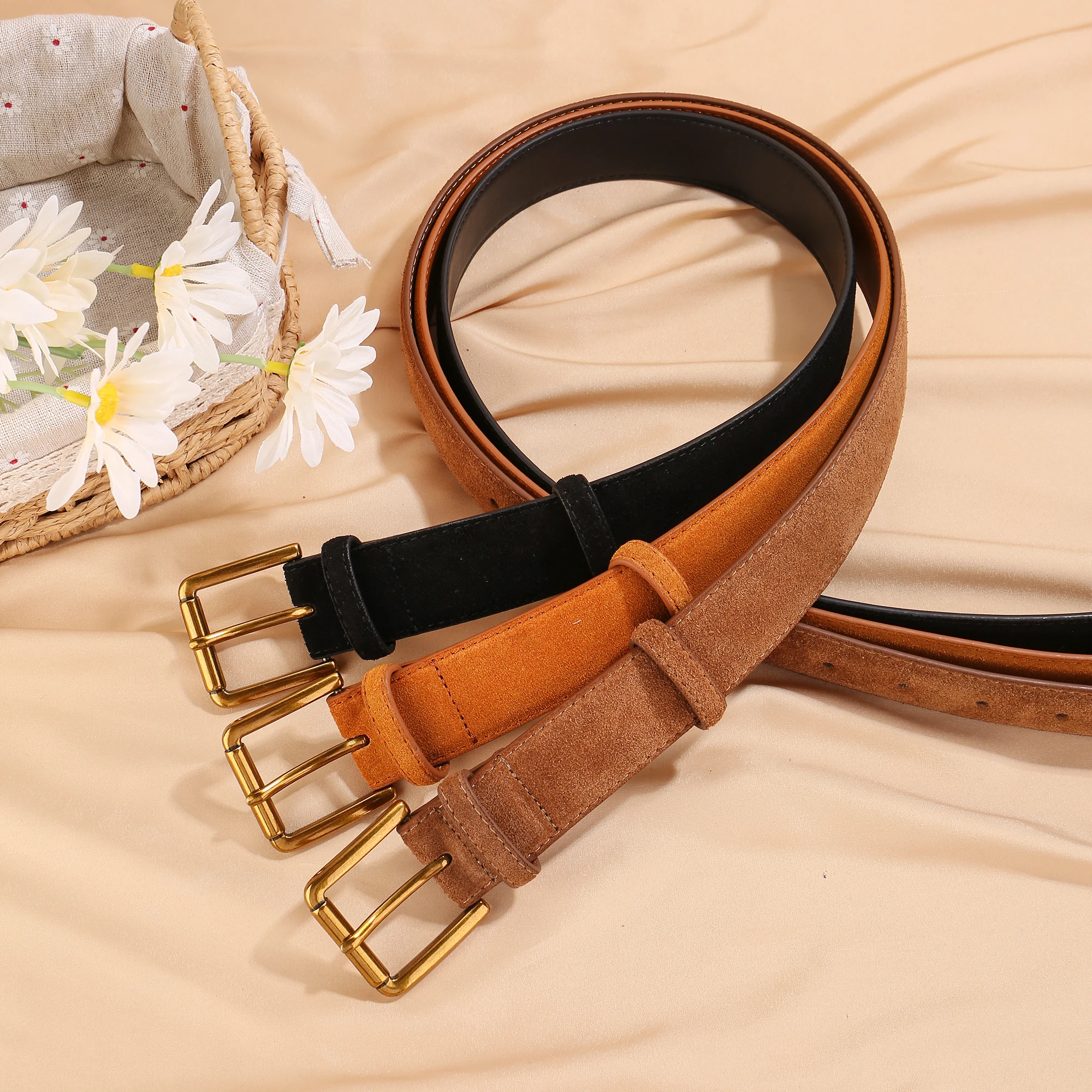 

2024 New 3.3cm Wide Suede Cowhide Belt for Women, Vintage Style with Gold/Sliver Buckle, Skinny Waistband for Dresses & Jeans