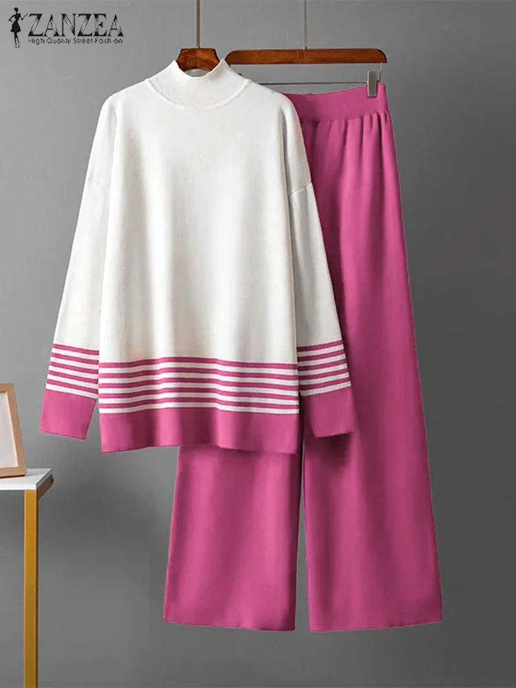 

ZANZEA 2025 Long Sleeve Tops Elastic Waist Wide Leg Pant Sets Women Loose Outfits Spring Colorblock Knitted Two Piece Suits