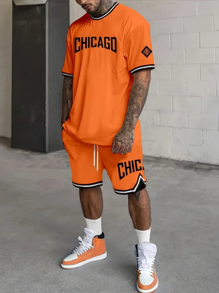 Chicago Monogram Print Men's Short Sleeve And Shorts Set Everyday Casual Men's T-shirt Street Fashion Sports Shorts Two-piece