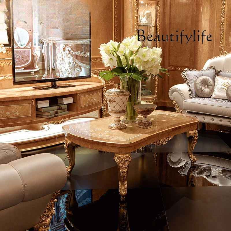 European court living room furniture solid wood carving flower coffee table with natural shell parquet coffee table