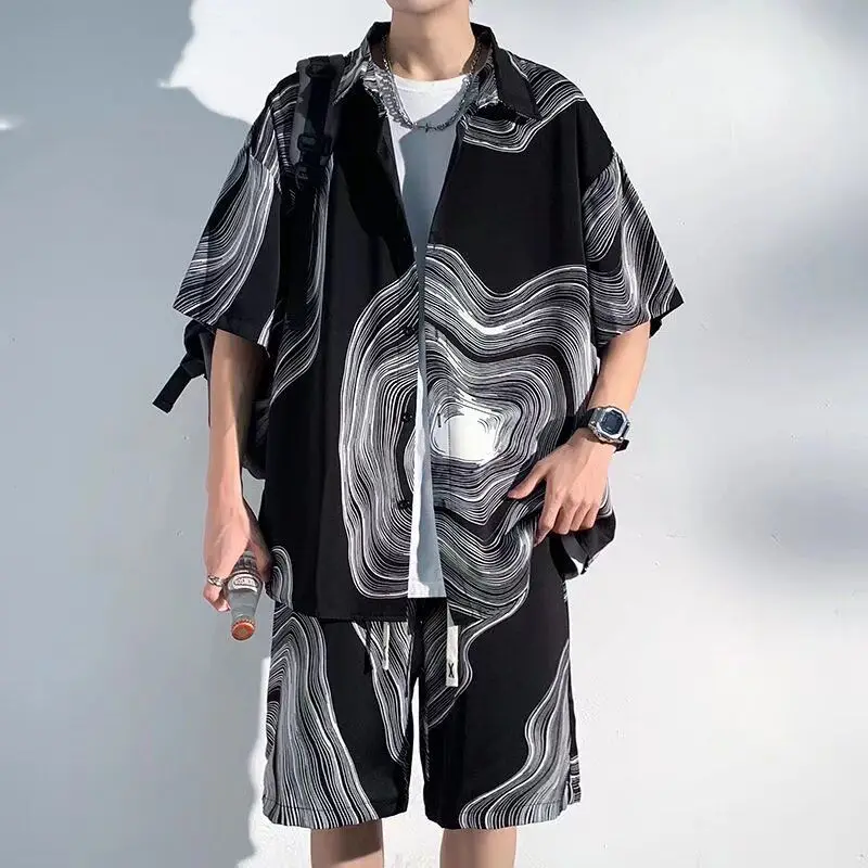 Men's Shorts Set Print Graphic Black Male Shirts Short Sets Korean Two Piece 2025 Trend New in Matching Outdoor Style Slim Fit