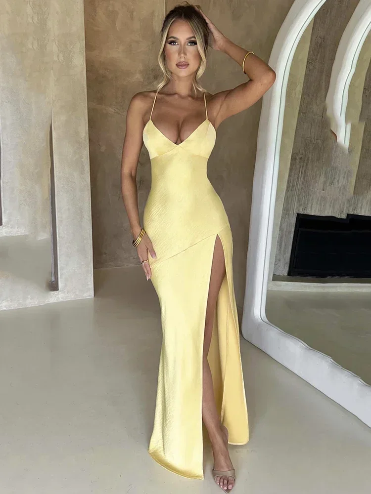 

Strapless Satin Maxi Dress Women Open Back High Slit Slim Dress Women 2024Spring Summer Elegant Party Club Vestidos