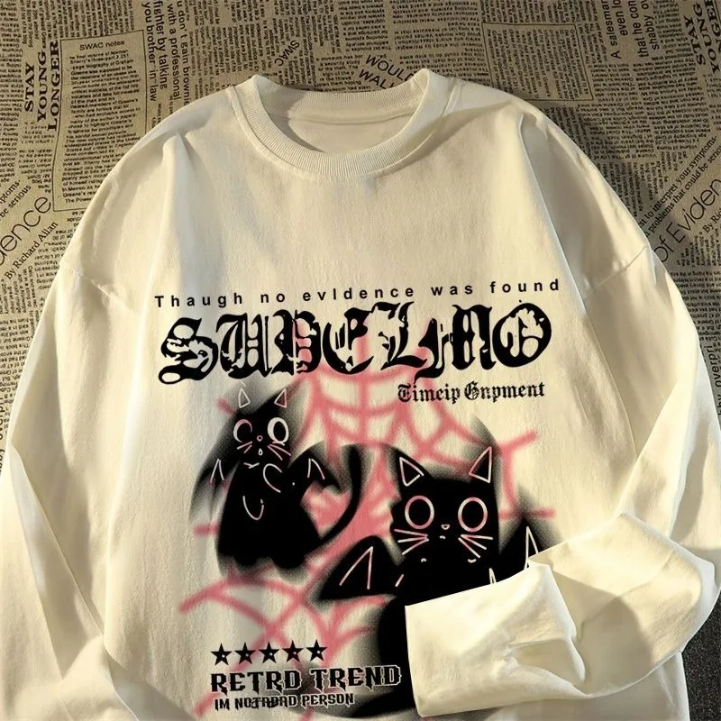 

ZAZOMDE 2025 Новая мужская уличная футболка с длинным рукавом из 100% хлопка, винтажная свободная посадка из тяжелой ткани, городская уличная одежда