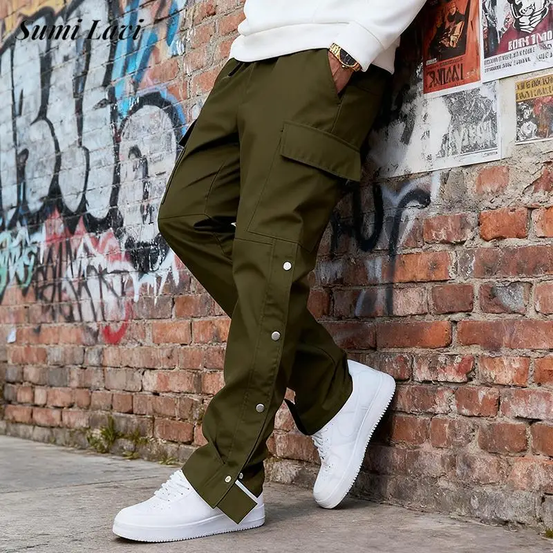 

Vintage Multi Pockets Mens Cargo Pants Spring Autumn Fashion Side Button-up Straight Trousers Men Casual Solid Color Loose Pants